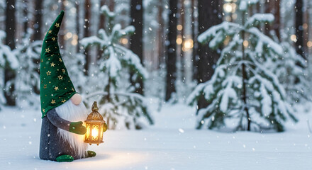 Fototapeta premium Fabric gnome wearing green hat with star pattern holding a lantern in a snowy forest, representing winter holidays, magic, and fantasy, free space