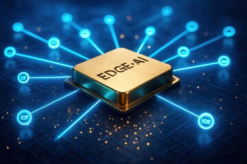 Edge AI Processor with Cyan IoT Connectivity Beams. A glowing Edge AI processor at the center of a connected IoT network, with cyan data beams symbolizing real-time processing, smart devices