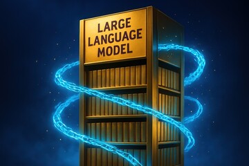 Large Language Model Server with Cyan Data Swirl. A towering large language model server surrounded by a glowing cyan data spiral, symbolizing advanced AI processing, neural networks, and computation
