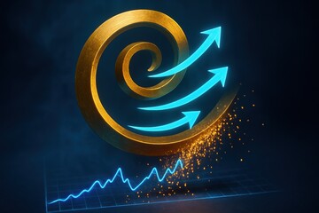 Golden Spiral Data Flow with Tech Growth Arrows. A glowing golden spiral symbol with cyan arrows and analytic graph lines, representing data flow, algorithm cycles, system optimization, and technolog