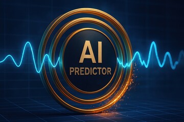 AI Predictor Symbol With Dynamic Data Waves for Advanced Forecasting. A glowing AI predictor emblem surrounded by dynamic data waves, representing machine learning forecasting, time-series analysis, 
