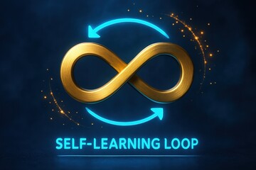 AI Self-Learning Infinity Loop with Continuous Optimization. A glowing golden infinity loop surrounded by dynamic cyber arrows, symbolizing self-learning AI systems, continual model improvement, and 
