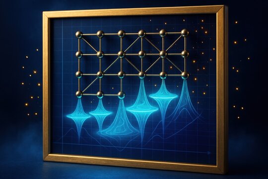 Abstract illustration of a glowing quantum grid inside a golden frame, with multiple blue energy wells forming below to represent quantum annealing processes.
