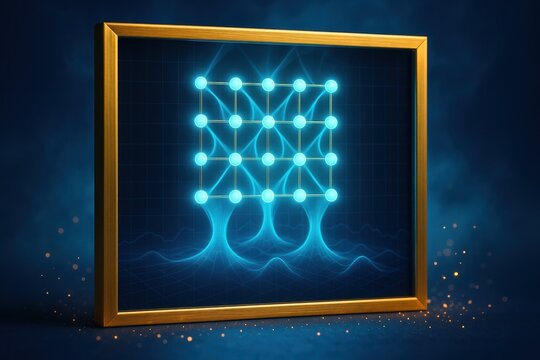 Futuristic illustration of a blue quantum grid inside a golden frame, merging into flowing energy wells that represent quantum annealing and advanced computation.
