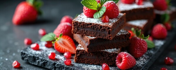 Close up photo of delicious homemade brownies decorated with fresh berries and powdered sugar. Tasty dessert on dark surface perfect for food blogs or recipe articles.