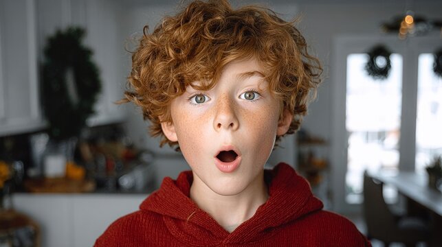 A young boy with red hair and freckles is standing in a kitchen with a surprised expression on his face