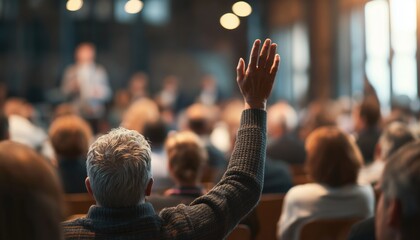 Attentive Participant Engages In Business Seminar By Raising Hand To Ask Question, Surrounded By Colleagues And Presenter.