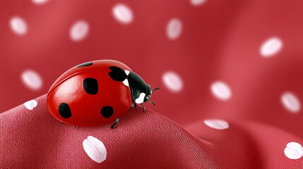 A ladybug is sitting on a red fabric with white dots. The ladybug is surrounded by a red background, which creates a sense of warmth and coziness. The image evokes a feeling of peace and tranquility