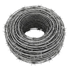 Dense cylindrical roll of coiled barbed wire with sharp metal barbs