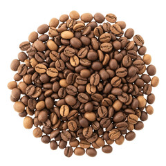 Circular pile of roasted coffee beans with natural texture and warm earthy tones