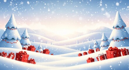 Whimsical snowy landscape filled with red christmas presents and decorated fir trees