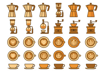 Coffee brewing tools and cups arranged in a grid showing different styles and techniques for making coffee and serving it