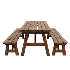 Sturdy wooden outdoor picnic table with attached benches and rustic finish