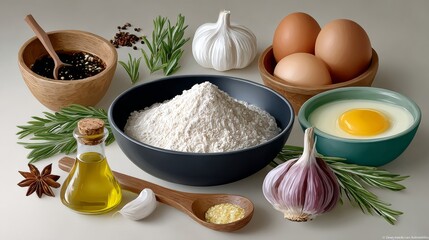 Fototapeta premium A bowl of flour sits on a table next to a bowl of eggs, a bowl of garlic, and a bottle of olive oil