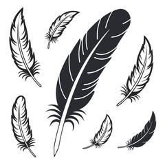 Fototapeta premium Set of Bird Feather. Feathers vector set in a flat style. Pen icon. Black quill feather silhouette. Plumelet collection isolated on white background 