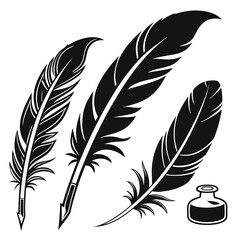 Fototapeta premium Set of Bird Feather. Feathers vector set in a flat style. Pen icon. Black quill feather silhouette. Plumelet collection isolated on white background 