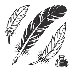 Fototapeta premium Set of Bird Feather. Feathers vector set in a flat style. Pen icon. Black quill feather silhouette. Plumelet collection isolated on white background 