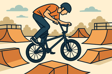 Obraz premium BMX rider performs tricks at a skatepark during the afternoon on a sunny day