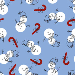 Winter Snowman and Candy canes Vector Seamless Pattern
