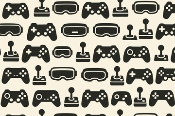 Many gaming controllers and virtual reality headsets in black on a light background fill the space in a simple layout