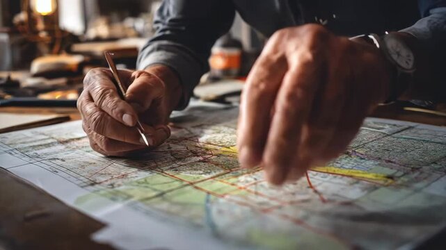Medium shot of a surveyor overlaying land survey maps with title documents on a wooden table highlighting urban property boundaries and legal details.