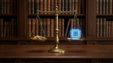 Golden Scales of Justice Balancing Gold Coins Against Futuristic