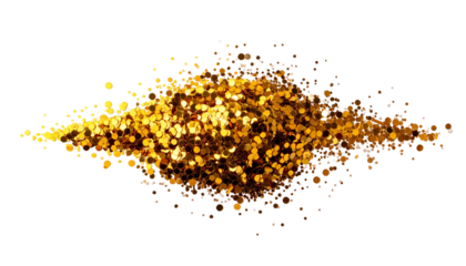 A glittering pile of golden confetti against a stark black background