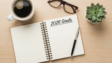 Overhead View Of A Notebook With 2026 Goals Written In Black Ink With