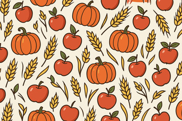 Colorful pattern with pumpkins and apples in a harvest scene set against a light background