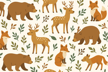 Obraz premium Animals in a forest pattern with deer, bears, and foxes surrounded by plants and leaves
