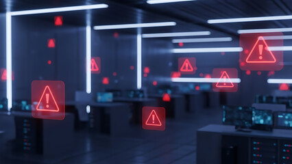 Digital Alert: Illustrates cyber threats with glowing warning symbols scattered throughout a modern office, symbolizing a potential security breach, the image conveys a sense of urgency.