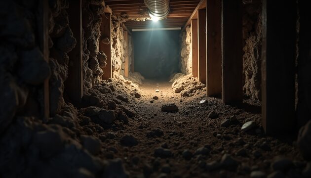 Dark crawl space with exposed insulation and dirt floor. Wooden beams and framework are visible. Light shines from ventilation pipe above. Cramped and dusty area with rocky ground.
