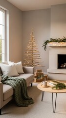 Cozy living room with a white christmas tree, fireplace, and festive decorations