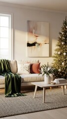 Cozy living room with a christmas tree, a white sofa, and a modern coffee table