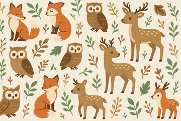 Fototapeta premium Nature scene with cute animals like foxes, deer, and owls among plants in a simple design suitable for children or decor