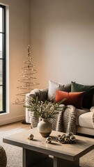 Cozy living room with a christmas tree, cushions, and a wooden coffee table