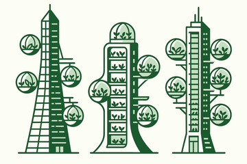 Obraz premium Designs of tall buildings with plants, showing innovative urban architecture and green space integration