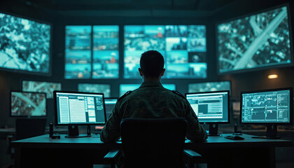 Military officer monitors screens in control room. He tracks cyber operations and analyzes data. Security personnel work in network operations center on surveillance.
