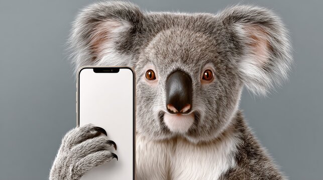 A koala is holding a phone in its mouth. The image has a playful and lighthearted mood, as the koala is not a typical animal to be seen holding a phone