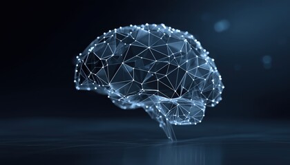 Abstract Polygonal Human Brain Shape Of Artificial Intelligence With Dots And Shadow On Dark Blue Background In Technology.