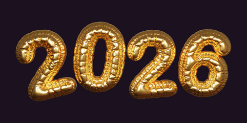 2026 Gold Foil Balloon Number 3D Render Isolated