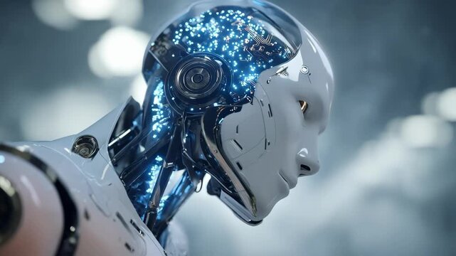Close medium shot of a sleek robot processing intricate title patterns highlighting advanced AI precision and futuristic technology.