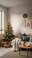Cozy living room with a decorated christmas tree and festive decorations