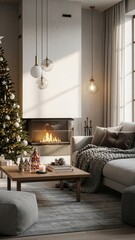Cozy living room with a fireplace, christmas tree, and modern furniture for a festive holiday atmosphere