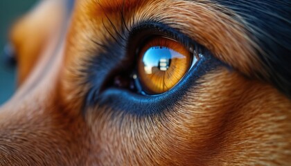 Detailed close-up shot captures dog golden brown eye. Pupil reflects building, blue sky, showing surroundings. Eyelashes, dark fur frame intense gaze. Macro view highlights canine vision health,