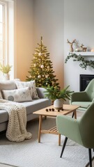 Cozy living room with a decorated christmas tree, fireplace, and modern furniture