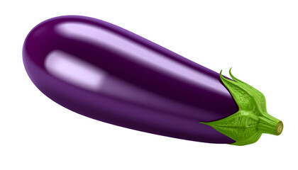A glossy, elongated purple vegetable, with green stem and leaves, isolated on black