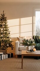 Cozy living room with a decorated christmas tree, plants, and a beige sofa near a large window