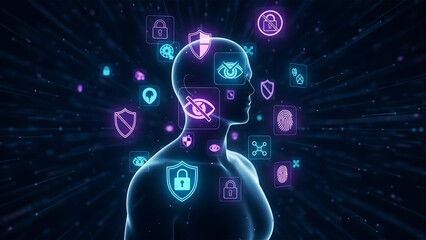 Cybersecurity Human Interface: A futuristic digital representation of a human silhouette with vibrant cybersecurity icons, symbolizing the fusion of technology and individual protection.