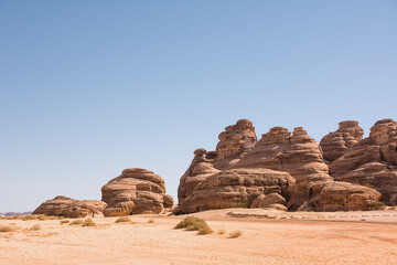 Sandstone formation shaped at the Hegra site in Saudi Arabia